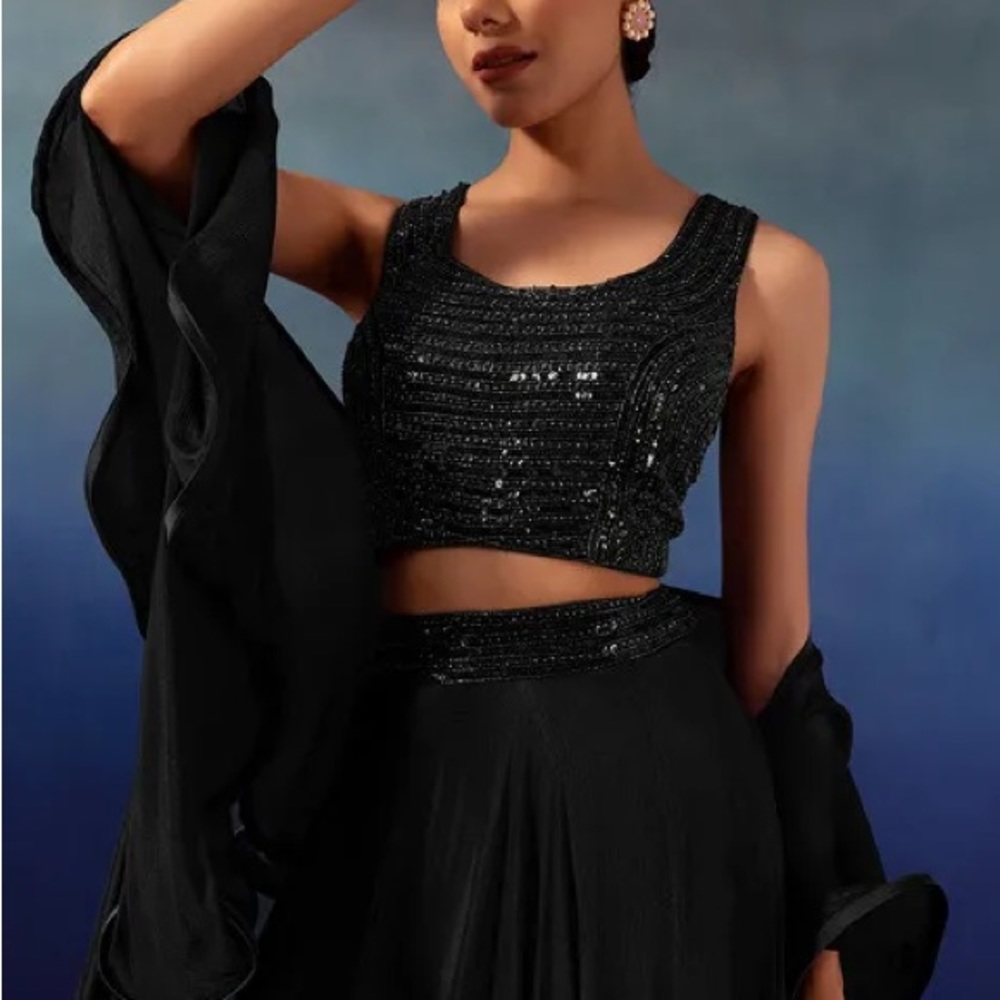 Black Lehenga Set With Sequin Embellished Blouse And Ruffled Dupatta
